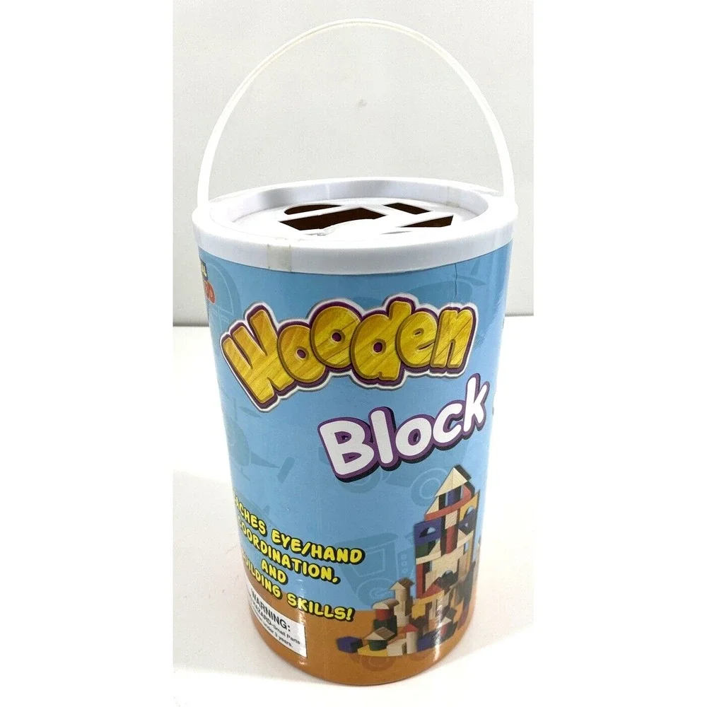 Wooden Building Blocks Set of 100 Various Colors and Shapes and Storage Canister